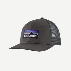 Patagonia Dark Gray P-6 Logo Trucker Hat with Purple Accent